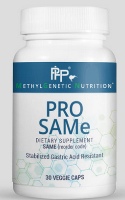 Pro SAMe provides 200 mg of stabilized S-adenosyl-L-methionine (SAMe) in each vegetarian capsule. SAMe is a sulfur-containing compound naturally produced from the amino acid methionine and ATP. SAMe is the body’s primary methyl donor; it is found ubiquitously in the human body. It is involved in the synthesis and regulation of neurochemicals, the maintenance of healthy cell membranes, the ATP cycle, and is also involved in the methylation and transsulfuration pathways. SAMe is also important for normal prod