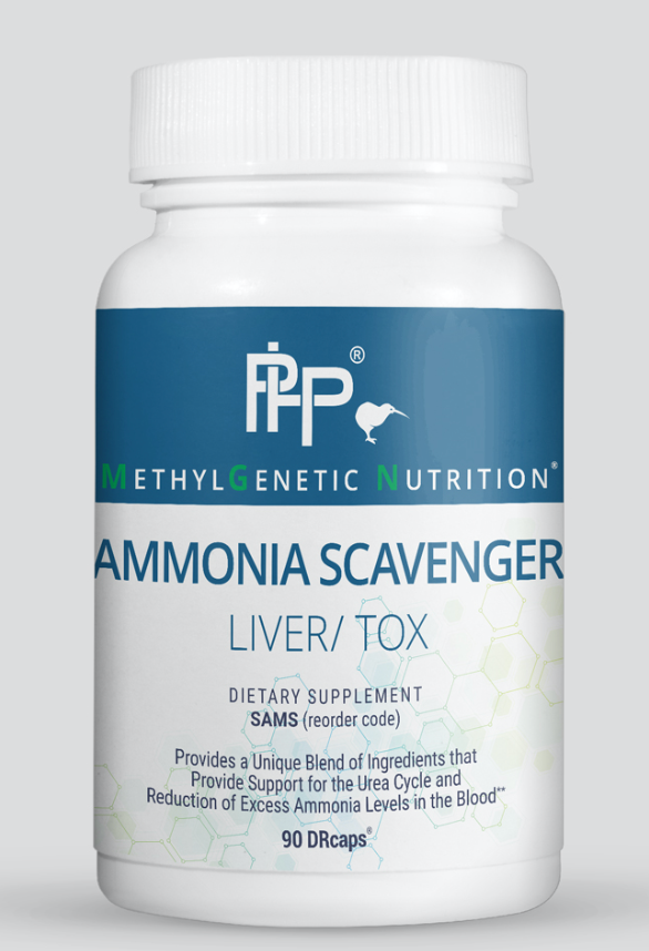 A by-product of poor protein digestion and impaired Urea cycle function, it can have many damaging effects on the body including reduction of BH4, the molecule needed for neurotransmitter production and nitric oxide production. This may also impact mental health and increase damaging oxidative stress. Other symptoms of elevated blood ammonia including muscle weakness, fatigue, neurodegenerative diseases, liver and kidney damage and/or possible failure. Ammonia Scavenger has a specific blend of nutrients to 